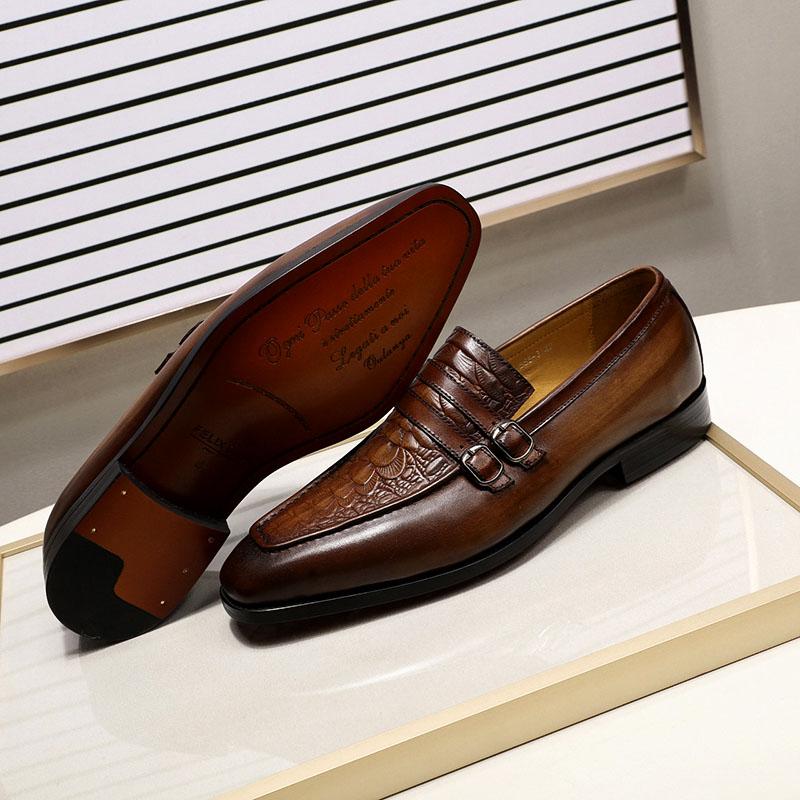 Fashion Luxury Men Dress Shoes Genuine Leather Crocodile Print Wedding Loafers Double Buckles Business Office Formal Slip on Mens Shoes