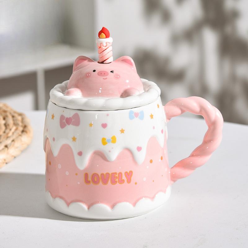 

Birthday Gift Mug Creative Animal Shape Cup Lid Candle Cake Cup with Mixing Spoon Couple Ceramic Cup 450ml