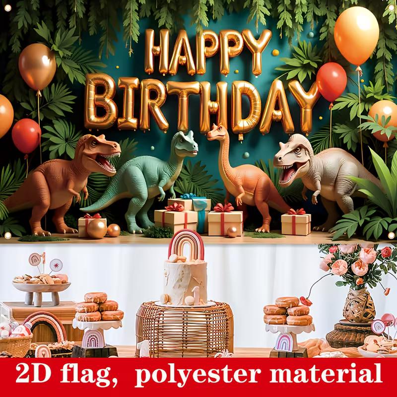 Kids Dino Themed Birthday Backdrop, Tropical Jungle Happy Birthday Background Cloth for Birthday Party & Photography