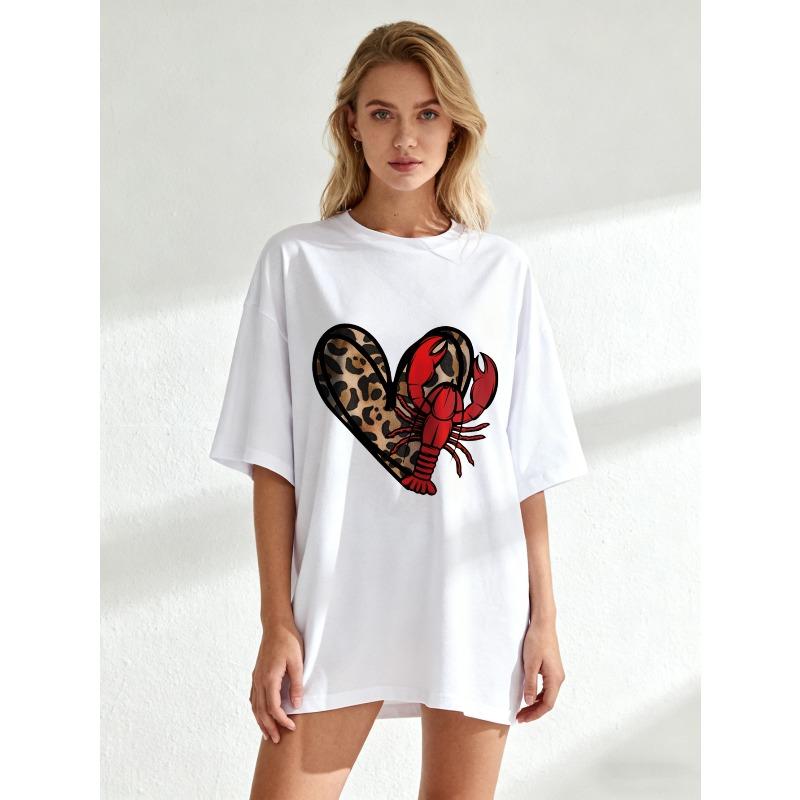 Oversized T Shirt Black Lobster Heart Leopard Print Summer Casual Wear