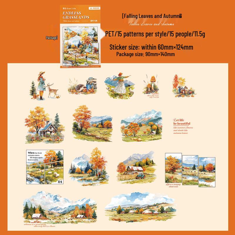 Pack d'autocollants pour animaux de compagnie Yi Niao: Série Prairie Infinie - 6 Styles & 15 Feuilles d'Autocollants de Paysage sur le Thème des Scènes Saisonnières