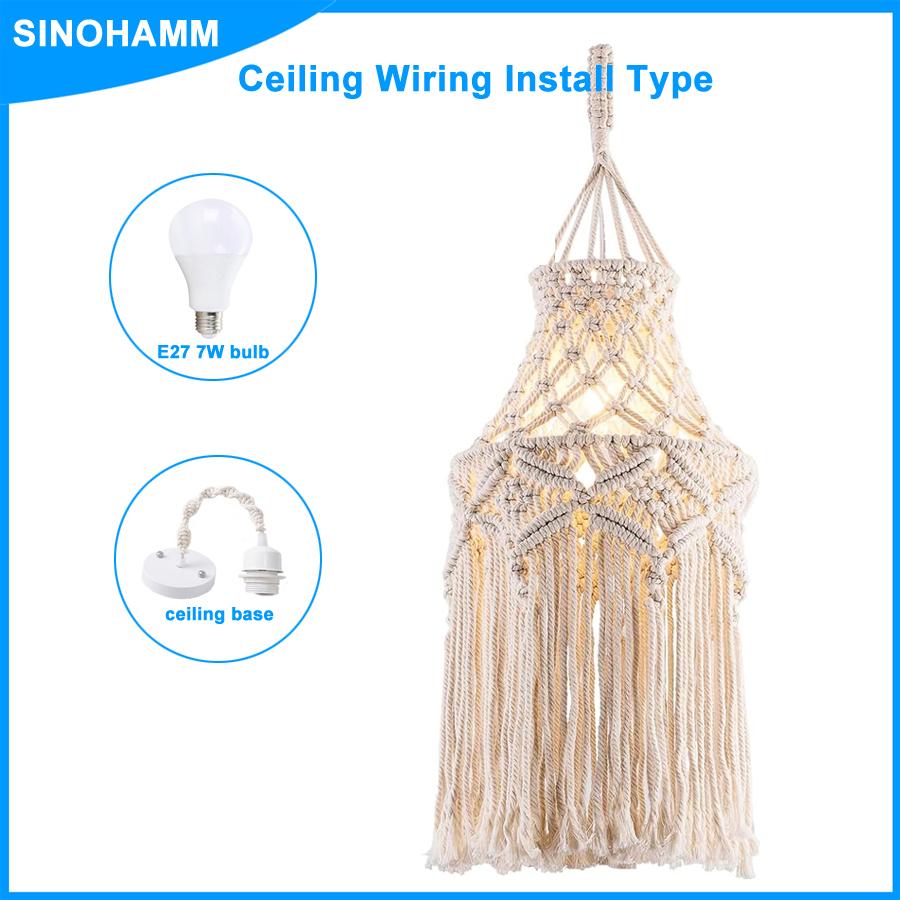Boho Lamp Plug in Pendant Light Fixture with bulb,Plug in cord Ceiling Light Hanging Handmade Macrame Bedroom Livingroom Decor