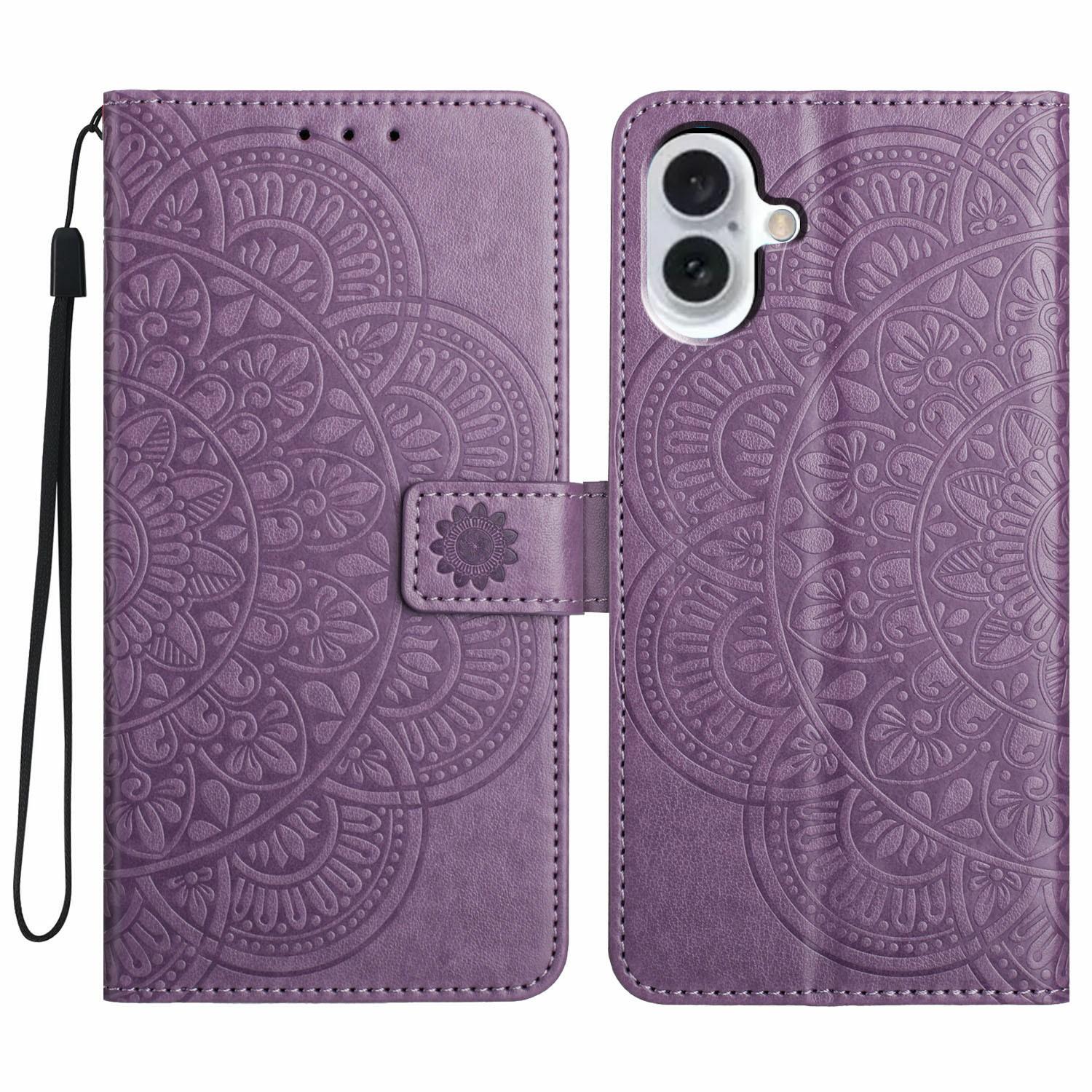 

For iPhone 17 Leather Case with Strap/Card Slots Mandala Pattern Stand Phone Cover Purple