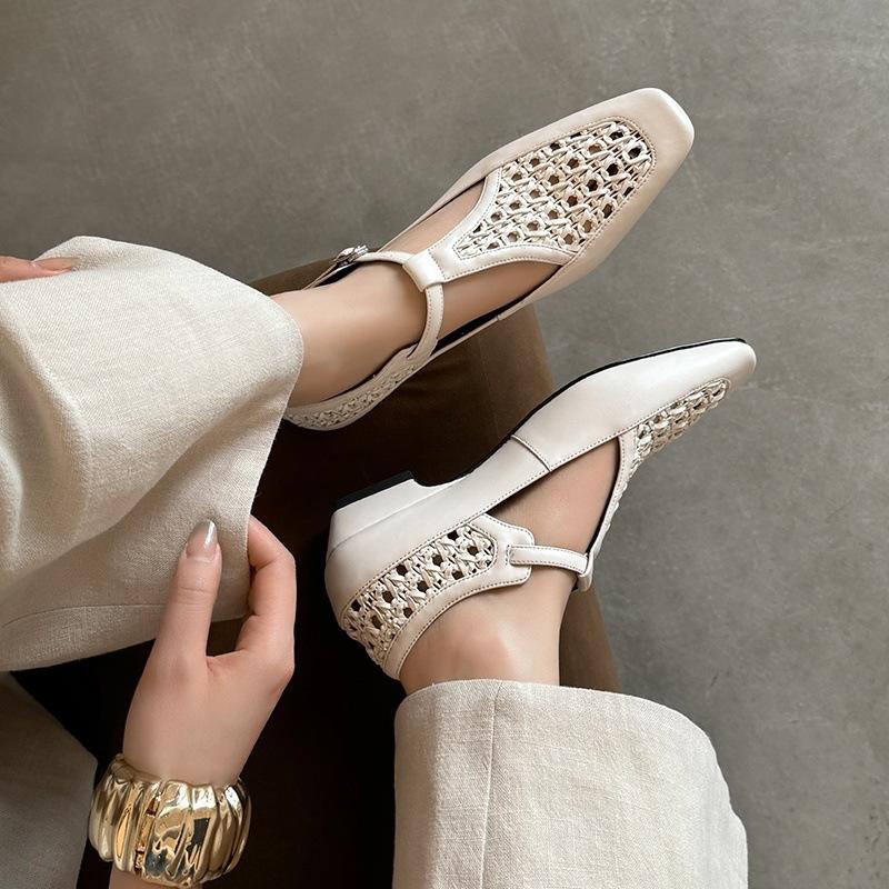 Soft! Square Head Woven T-strap Small Leather Shoes Retro Genuine Leather Mary Jane Shoes Women's 2025 New Shallow Hollow Single Shoes