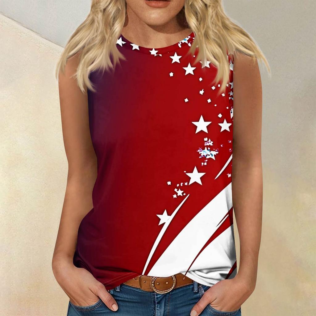 Women's Fashion Casual T-Shirt Round Neck Sleeveless Independence Day Printed Vest Top