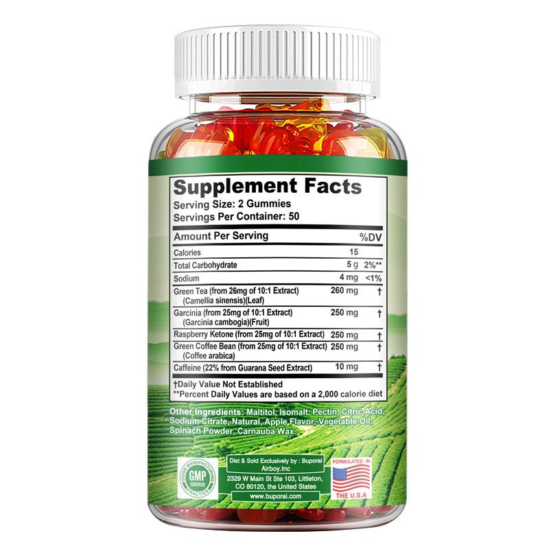 Green tea gummies; 1,020 mg per serving; contains Garcinia Cambogia, raspberry ketone, and coffee bean extract; promotes digestion.