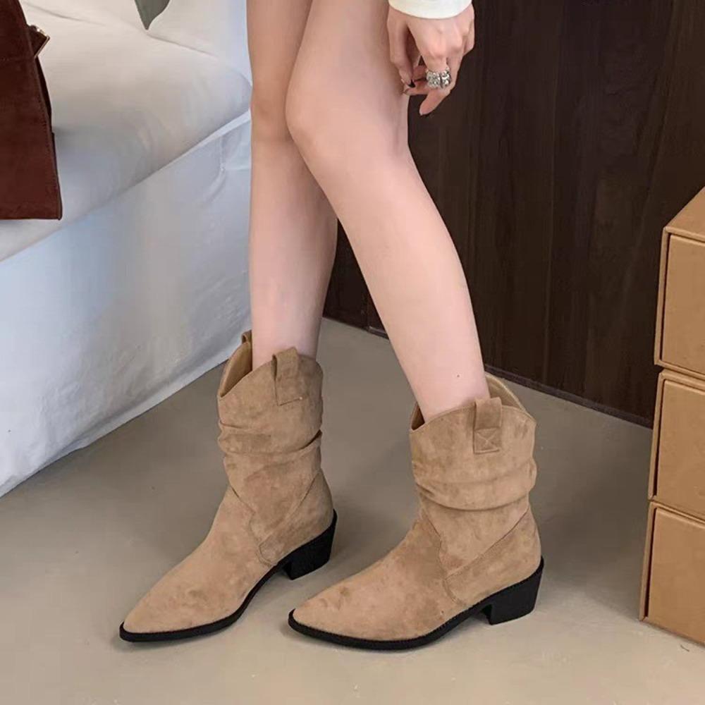 New 2026 Women's Autumn Winter Ankle Boots Cow Suede Leather Shoes for Women Pointed Toe Short Boots Chunky Shoes Western Boots