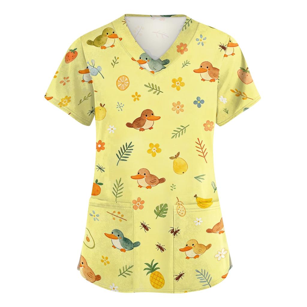 Women V Neck Short Sleeve Work Shirt with Pockets Animal Print Top for Healthcare Professionals Nurses Veterinary Staff