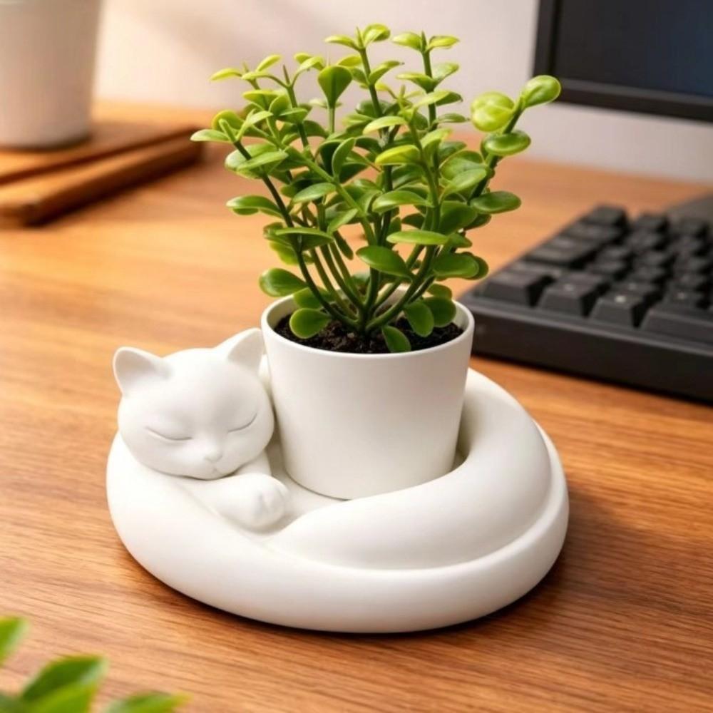 3D Printed Cat Sleeping Flowerpot Plastic Animal Shaped Planter Cat-Shaped Planter Pot Desktop