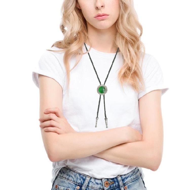 Braided Shoestring Flower Stone Bolo Tie Carved Charm Cowboy Necktie Necklace
