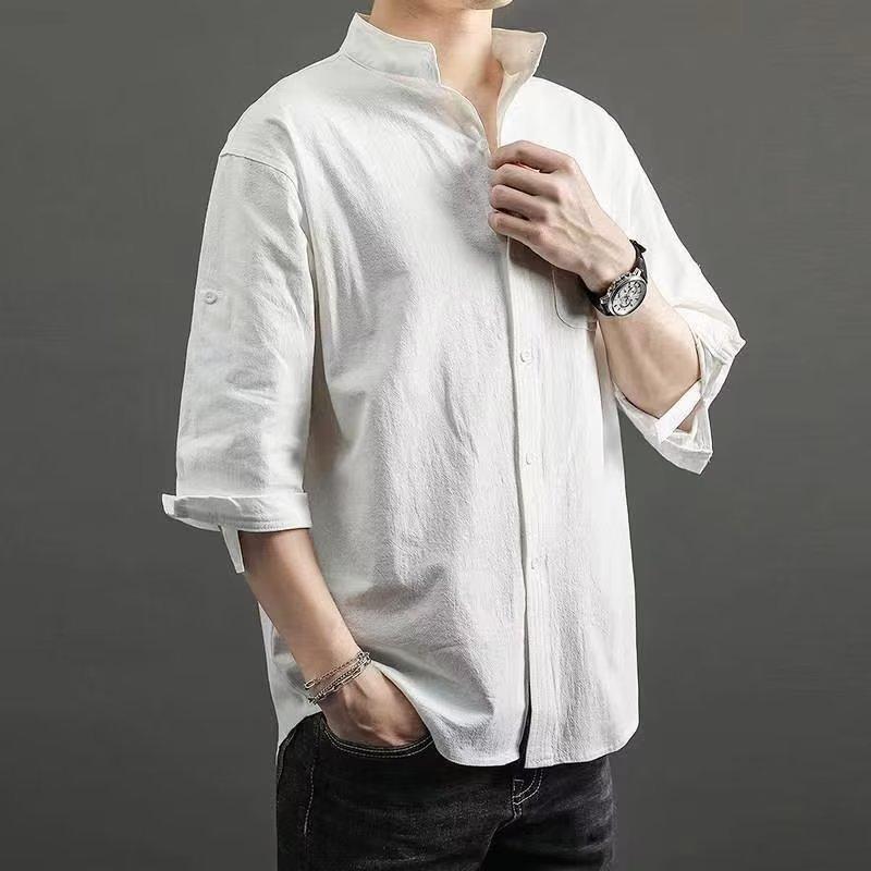 

Summer Long-sleeved Shirt Men s Chinese Style Plus Size Retro Cotton and Linen Button Shirt Plus Size