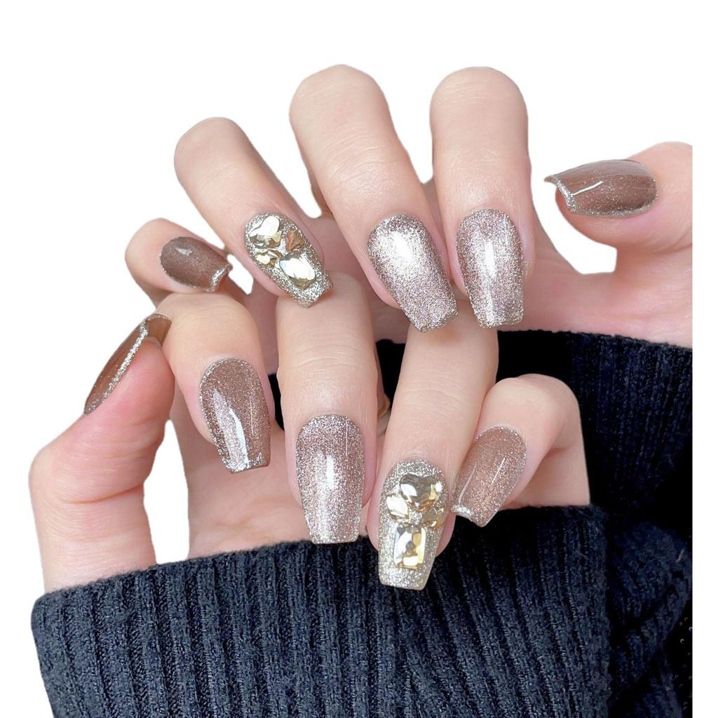 New Autumn And Winter Handmade Nail Stickers Pure Color Cat Eye French Style Flashing Rhinestone False Nails
