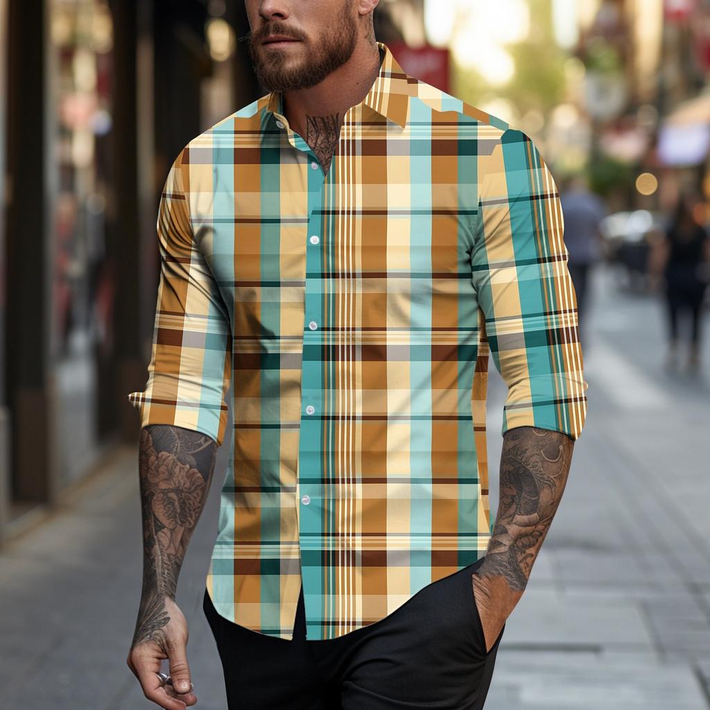 Men's Spring Summer Casual Plaid Print Lapel Long Sleeve Men's Shirt Men's Top