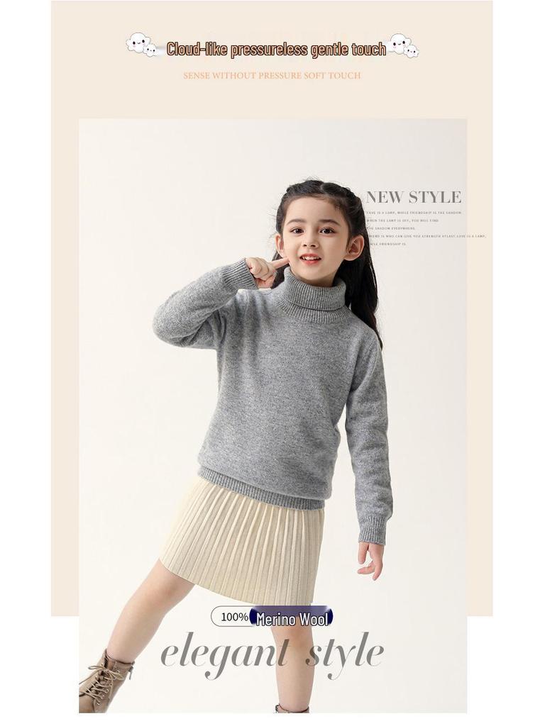 Children's 100% Pure Wool High Turtleneck Sweater - Autumn & Winter Pullover for Boys and Girls
