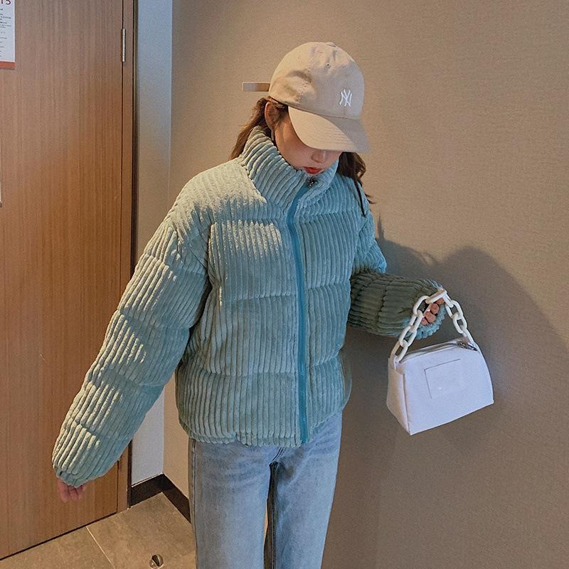 Winter Thickened Thermal Corduroy Women's Jacket Fashion Short Stand Collar Solid Splice Thermal Jacket Women's Cotton Padded Coats