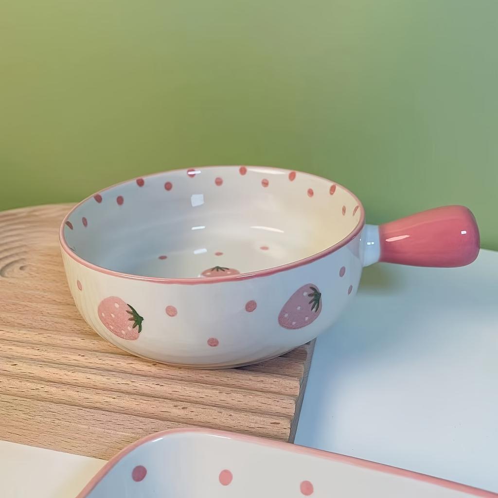 2pcs Handled Bowl Plate Set, Strawberry Hand Painted Ceramic Tableware for Home Use