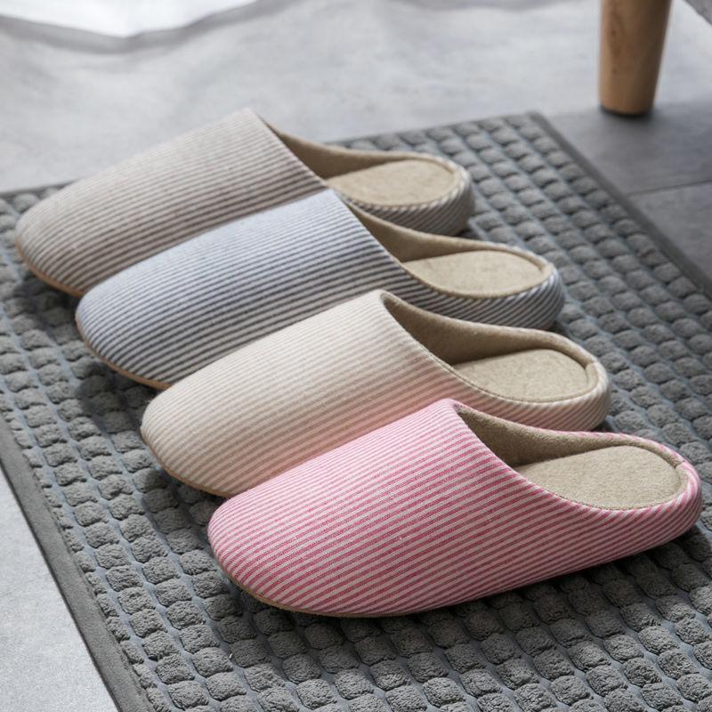Japanese-style household soft sole non-slip silent wooden floor cotton slippers couple silent plus size home shoes