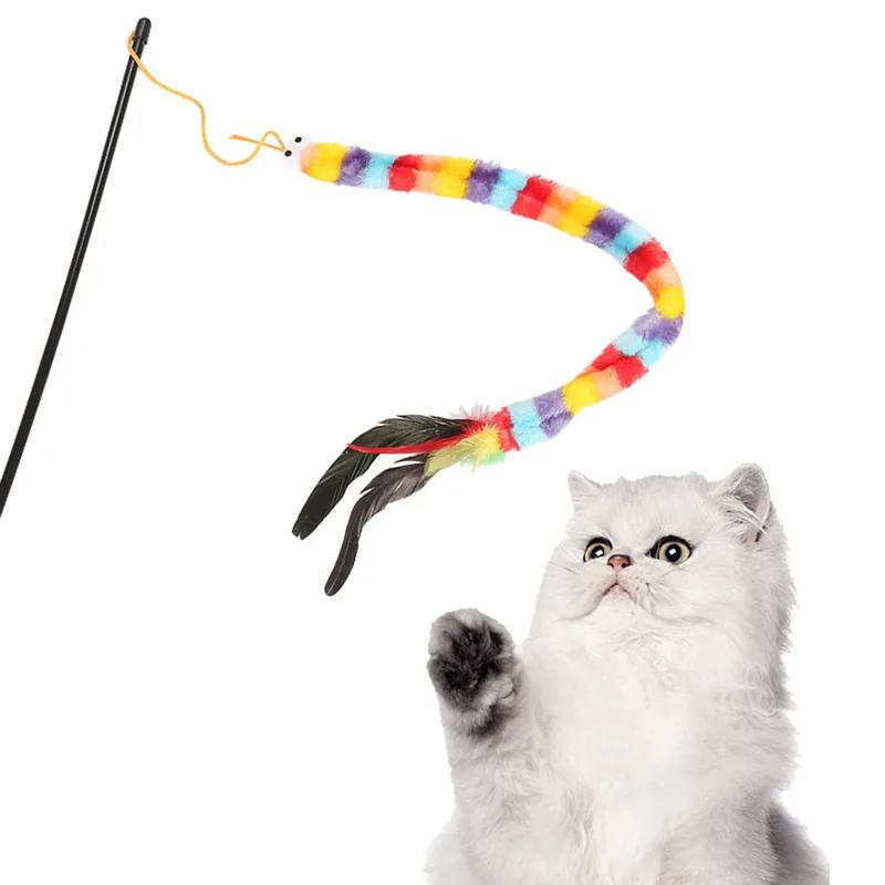 Rainbow Caterpillar Cat Teaser Toy Interactive Plush Wand with Feathers for Kittens Indoor Play