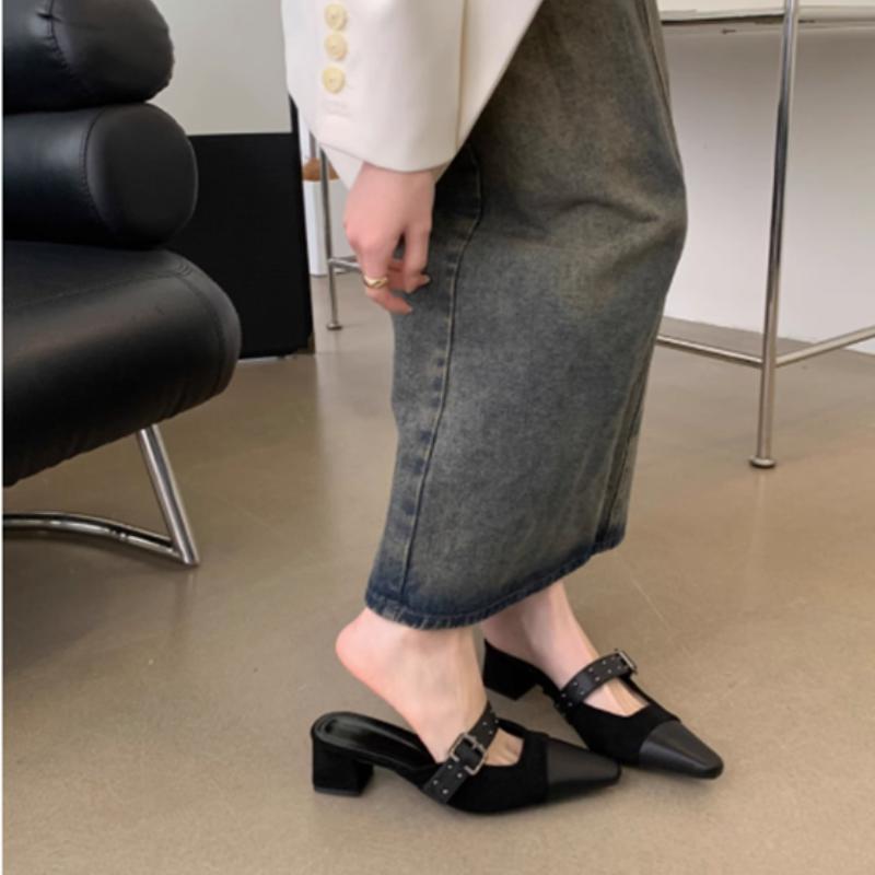 Low Shoes Cover Toe Woman's Slippers Square Heel Slides Med 2025 Block PU Fabric Rome Hoof Heels Rubber Shoes Low Cover Toe Squa