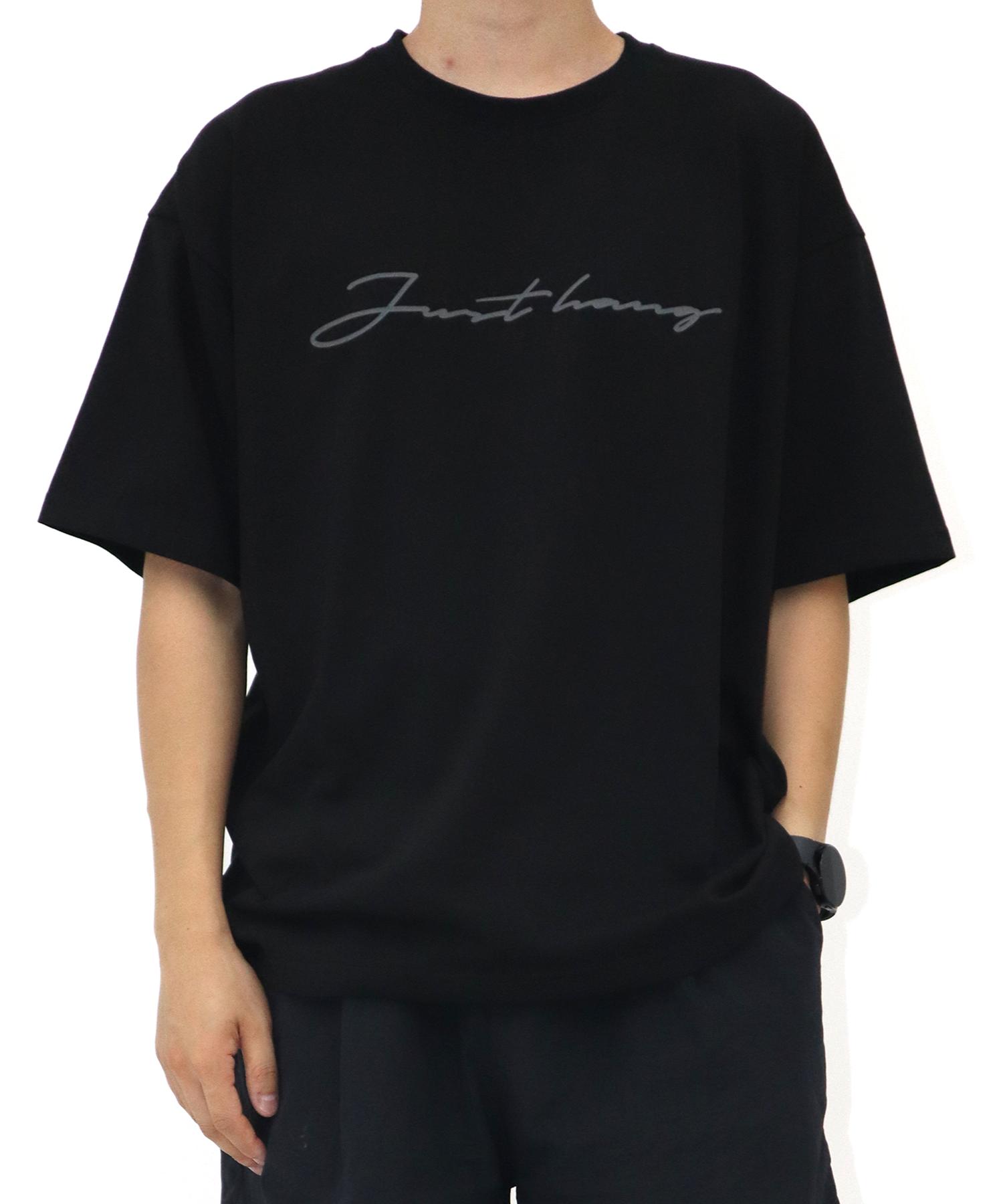 Just Haeng Lettering Gray Logo Oversized Short Sleeve T-Shirt (Black) F