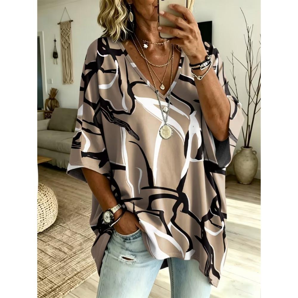 Women's large size V-neck top, elegant and comfortable simple striped pattern print large size women's V-neck T-shirt