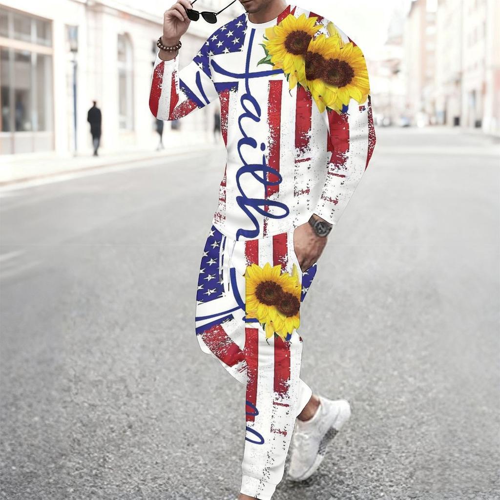Men Sunflower American Flag Tie Dye Print Long Sleeve Sweatshirt And Drawstring Jogger Pants Two Piece Suit