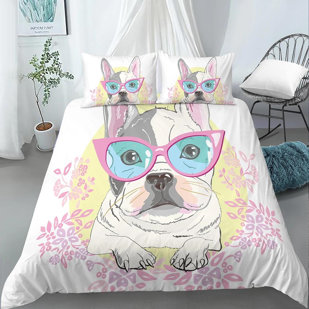3Piece Dog Lover Art Duvet Cover French Bulldog Portrait With Hipster Glasses Abstract Modern Colorful Ears And Eyes Decorative
