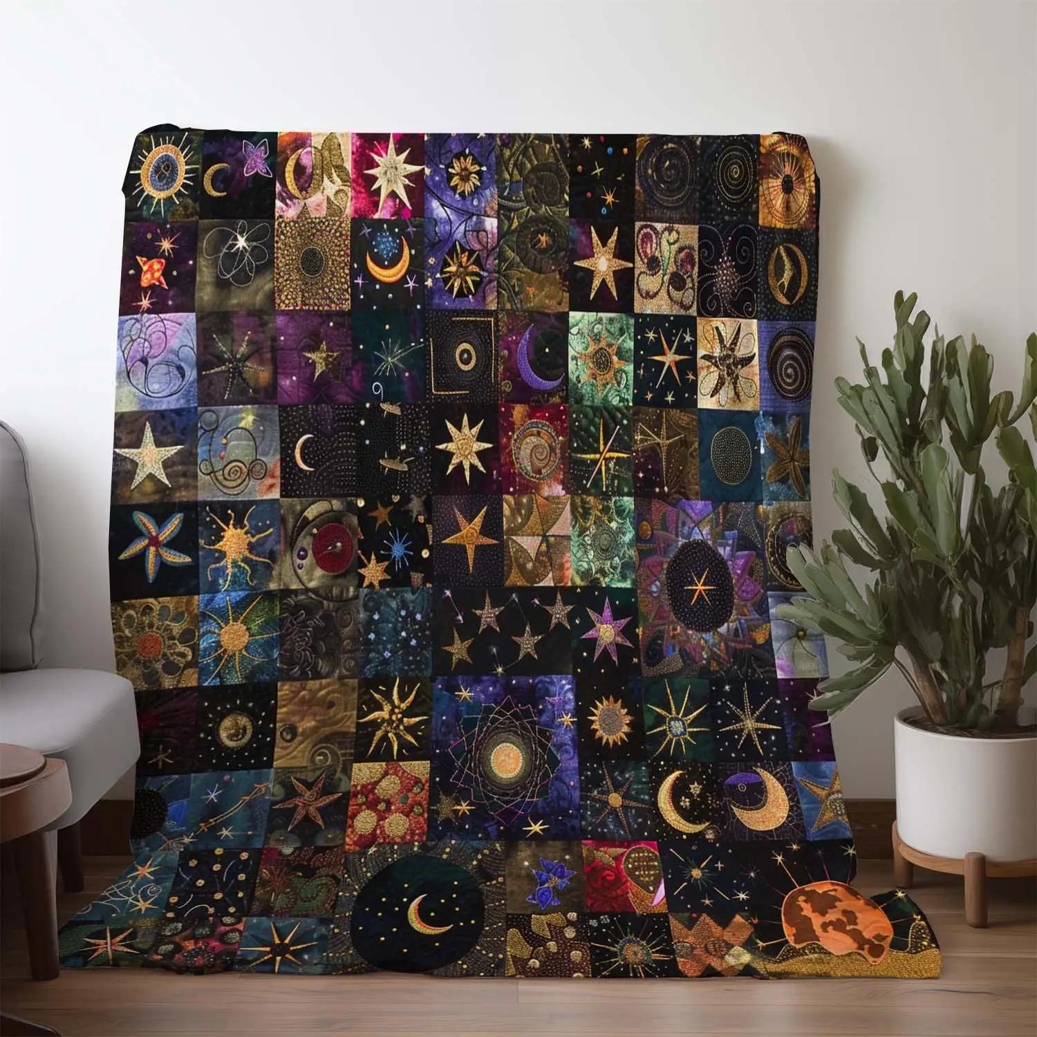 1 Flanelldecke, kariert Stern Mond bedruckt Warm Gemütlich Weich Überwurf für Sofa Bett Couch Auto Büro Camping Reise Geschenk Ganzjahresnutzung 150X180CM