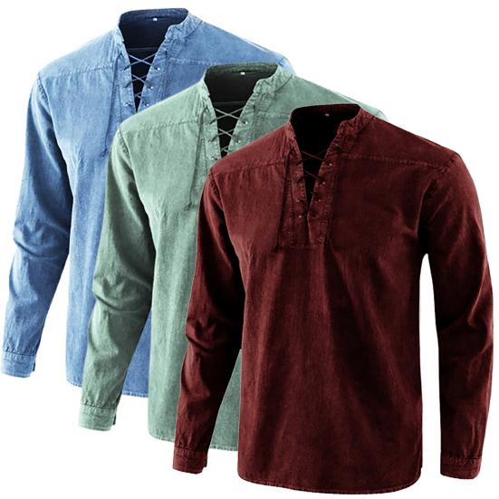 Męska koszula jednolita kolorystycznie sznurowana vintage stójka długi rękaw top na randkę