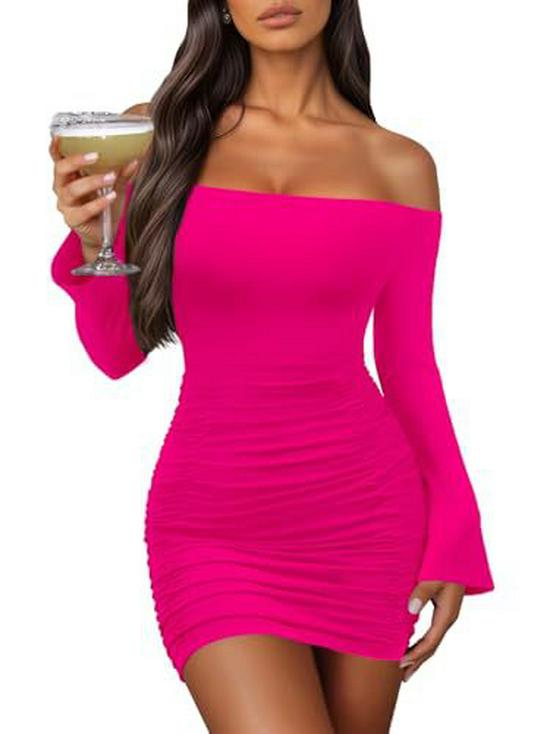 Damen Off-Shoulder Langarm Bodycon Faltenkleid Abendkleid