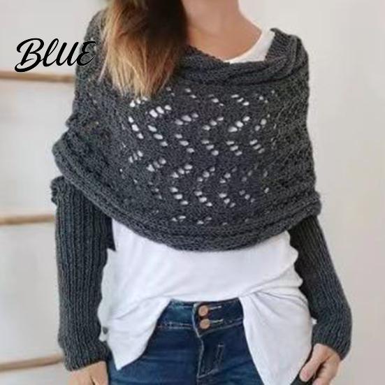Double Sleeved Cardigan Scarf Sweater with Sleeves for Women Knitted Cable Wrap Shawl Casual Chic Oversized Shawl Shrugs Autumn Winter Retro Hollow