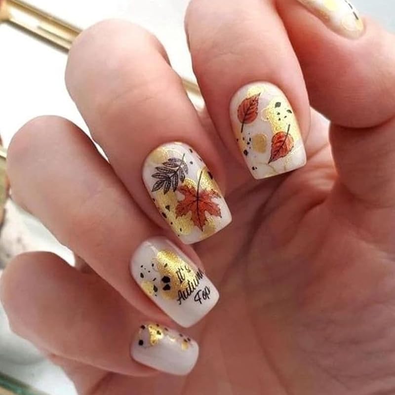 24 Pcs Maple Leaf Press On Nails Short Square Fall Leaves Fake Nails Glue On Nails Autumn Acrylic Nails with Gold Foil Designs Reusable Maple Leaves