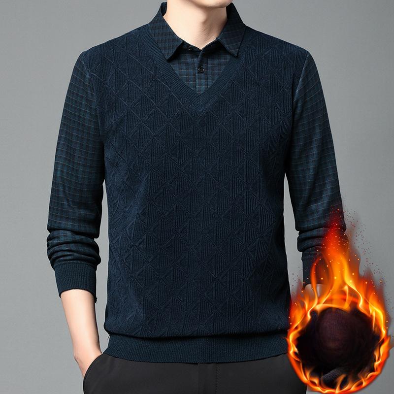 Fejk tvådelad pappaoutfit plus sammetstjock tröja för män vinter ny affärsmässig avslappnad varm och kall stickad bottenskjorta