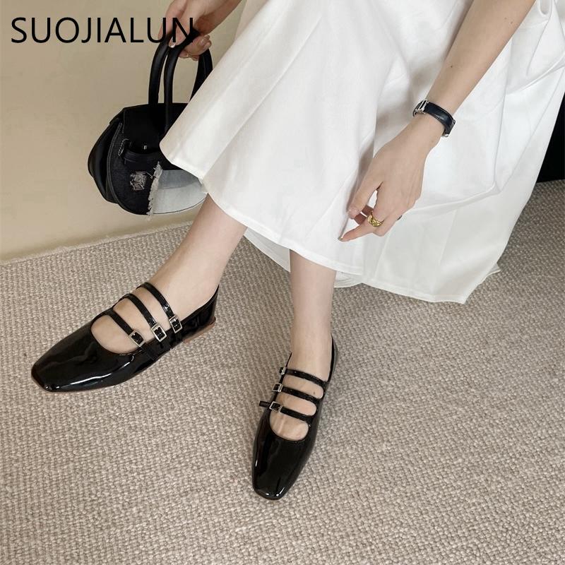 Fashion SUOJIALUN New Brand Women Flat Shoes Fashion Round Toe Shallow Ladies Elegant Mary Jane Shoes Soft Flat Dress Ballerinas Shoes