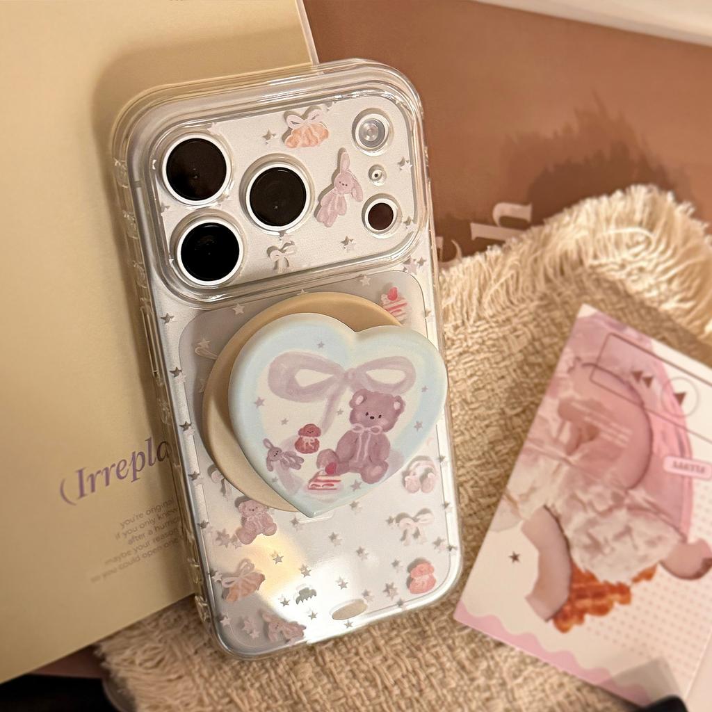 Cute doll bear apple 17promax mobile phone case iphone16 magnetic bracket 15 suitable for 13 transparent 17