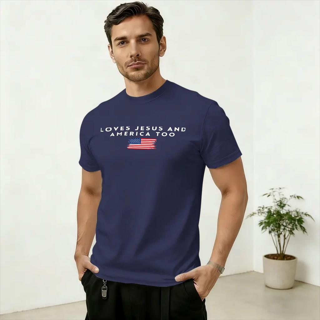 Loves Jesus and America Too 100 Cotton T Shirt For Adult Beach 4th of July Classic TShirts Round Neck Tees Plus Size Clothes