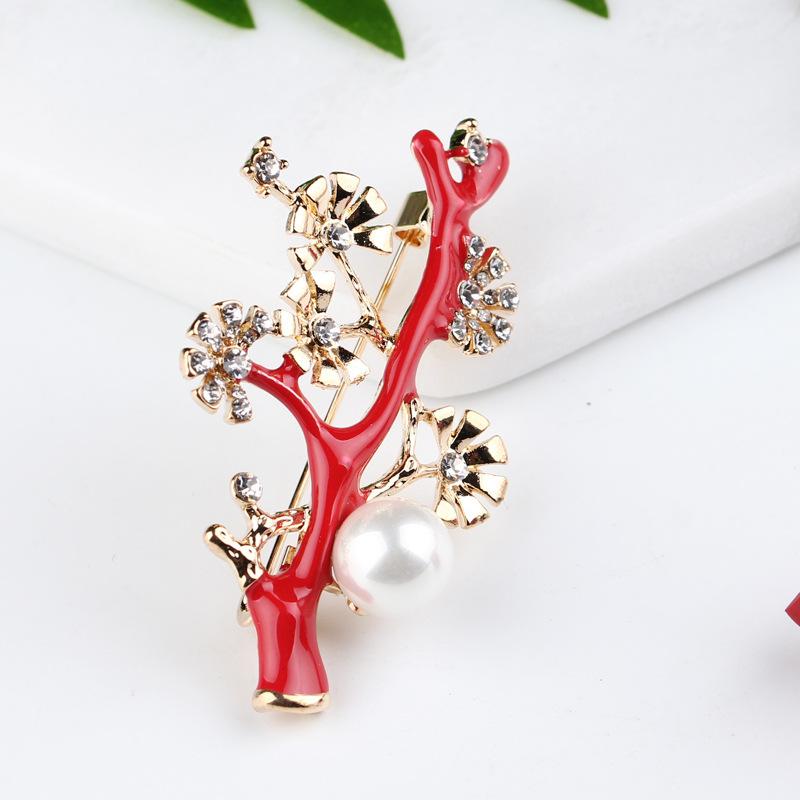 Chinese Style Original Retro Atmosphere Classic Oil Drop Pearl Plum Blossom Branch Brooch Female Accessories Long-Lasting Color Brooch