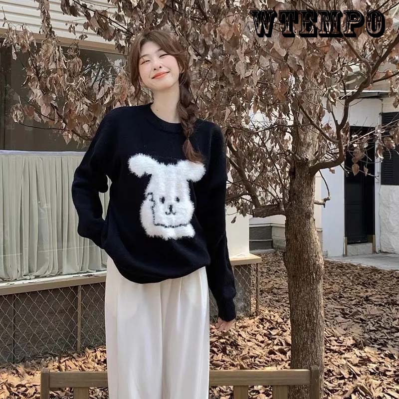 

Пуловер с нашивкой в ​​виде кролика с вышивкой, свитер с круглым вырезом, женский свитер, свободный свитер для пар, теплый зимний и осенний универсальный свитер