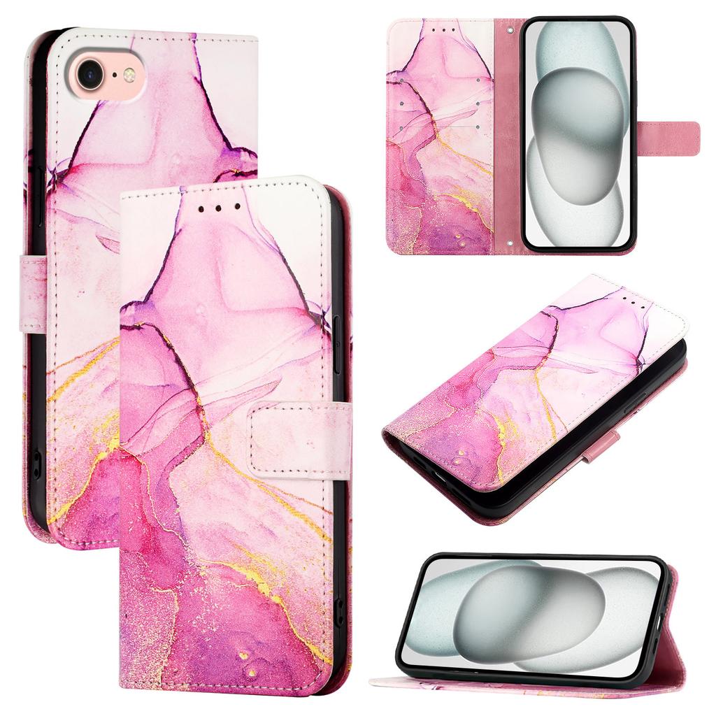 For iPhone 16e Case with Strap Marble Pattern Leather Phone Cover Card Holder