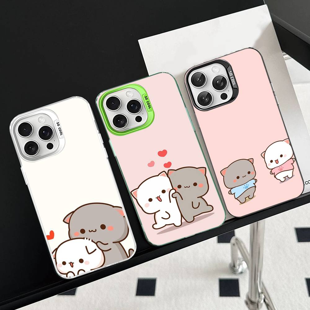 Cartoon Cute Cats Phone Case For iPhone 17 16 15 14 11 12 13 Pro Max Plus Pro Colored Silver Cover