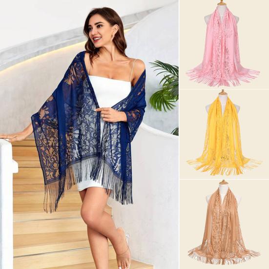 Women Shawl Hollow Embroidery Lace Flower Pattern Summer Shawl with Tassel Hem UV Protection Neck Shoulder