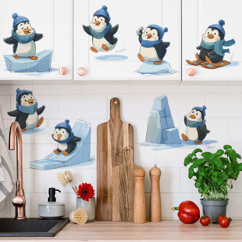 Cartoon Penguin Skating Christmas Atmosphere Home Wall Beautification and Decoration Stickers