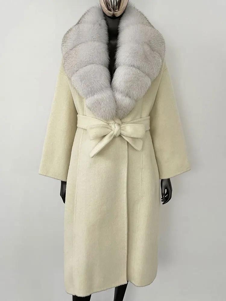 OFTBUY Kabát z pravé kožešiny 2024 Nadměrný dámský svrchní oděv Zimní dámská bunda s límcem z přírodní liščí kožešiny Kapuce Kašmírová vlněná směs Kabát