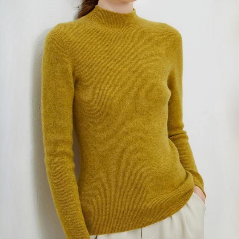 IHUASU Women's Semi-high Neck Wool Sweater Women 100% Pure Wool Slim Cashmere Knitting Bottoming Tight Inner Jumper