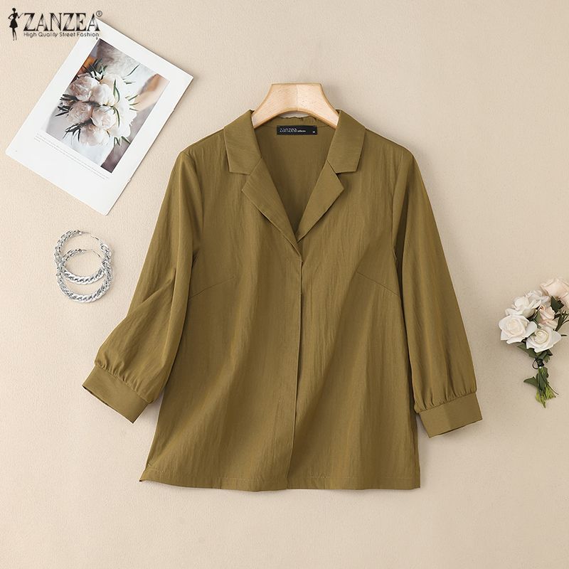 ZANZEA Women Turn Down Collar Loose Casual 3/4 Sleeve Blouse