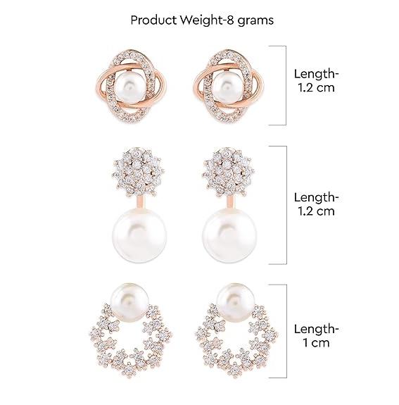 Women's Earrings Combo of 3 Cubic Zirconia & Pearls Contemporary Stud