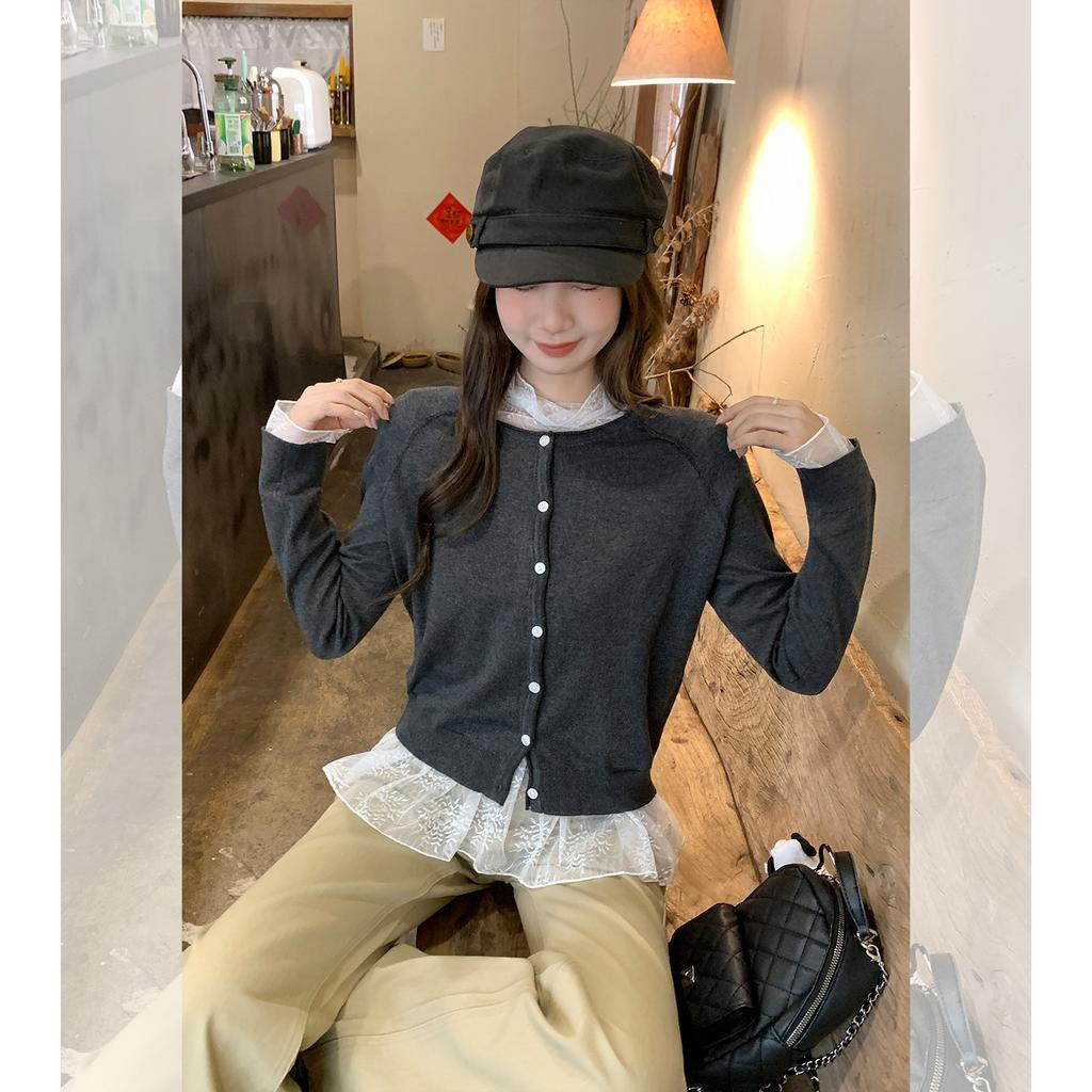 Gray round Neck Knitted Long Sleeve Cardigan Women's Autumn and Winter Wear Jacket with Shoulders and Bottom Loose Top