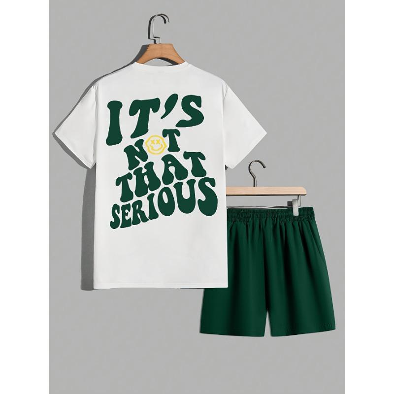 Twisted letter print T-shirt, men s round neck T-shirt + drawstring shorts S