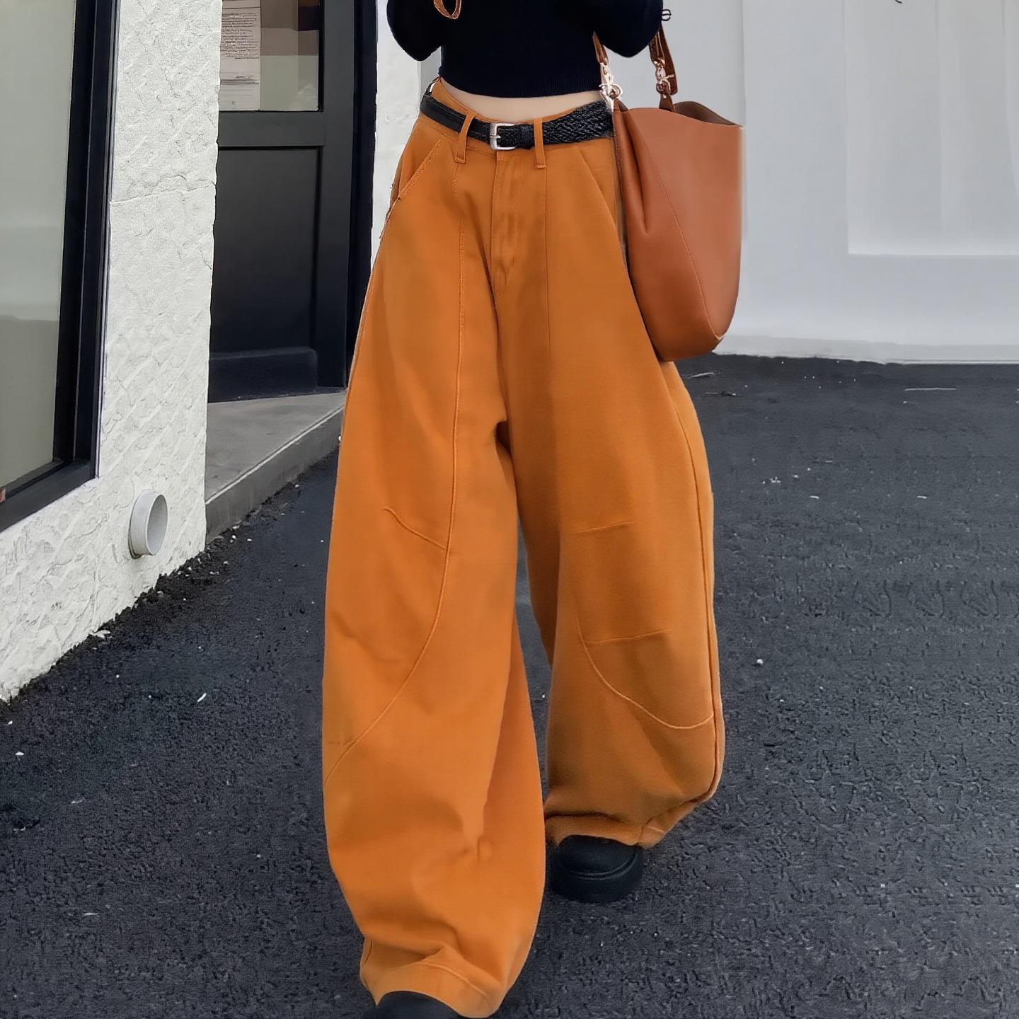 

Autumn Orange Wide-Leg Cotton Jeans: Korean Style for Women L оранжевый