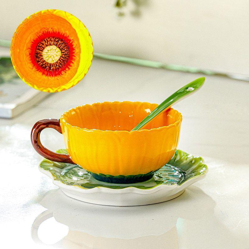 Creative Sunflower Shape Ceramic Coffee Mug Kettle Mug Delicate Floral Enamel Color Teacup Office Mug Drinkware Birthday Gift